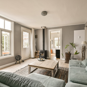 spacious living room with large windows modern furniture and a cozy fireplace featuring a wooden coffee table plants and a rug perfect for a comfortable space with three inviting areas