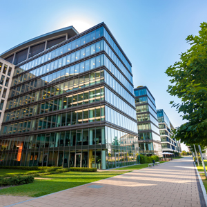 modern office buildings with glass facades in a landscaped environment showcasing urban architecture and design