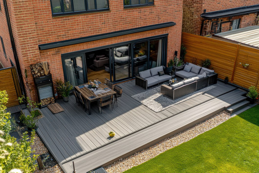 aerial view of a modern outdoor deck featuring a seating area and dining set surrounded by greenery and landscaping design ideas