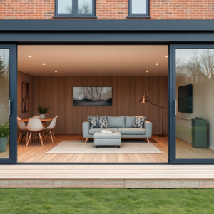 modern living room with large sliding glass doors stylish furniture and decor inviting outdoor space with green lawn 4 contemporary design ideas
