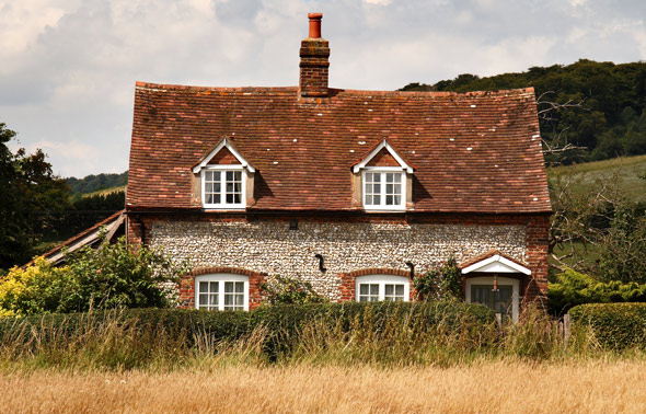charming countryside cottage with stone exterior and two windows surrounded by greenery and field offering a peaceful rural scene