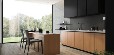 A modern kitchen with large windows