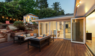 Modern decking with a seating area in a garden