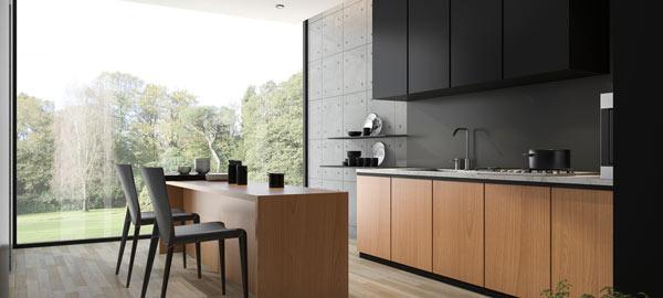 A kitchen with a view of a garden